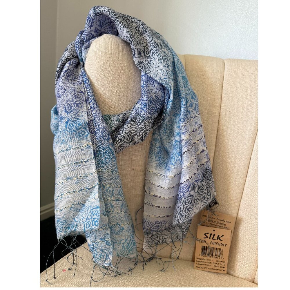 AS IS Fleurs Elegant Additions NATURAL SILK scarf wrap India blue floral ombre